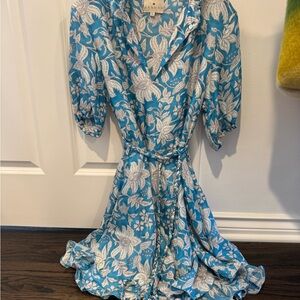 Hannah Blue Notched Collar Puff Sleeve Sundress
